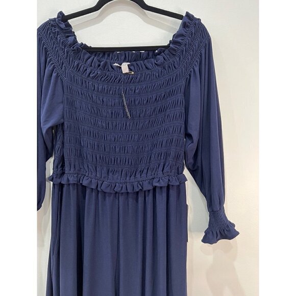 NWT Chelsea28 Size L Long Sleeve Off The Shoulder Smocked Jumpsuit in Blue - Picture 9 of 12